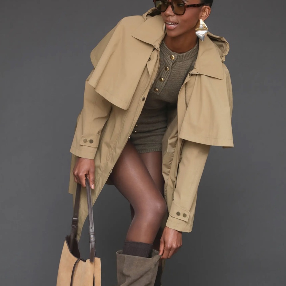 Avec Les Filles Tan Cape-Detail Trench Coat Hooded Cape Raincoat - Picture 3 of 16